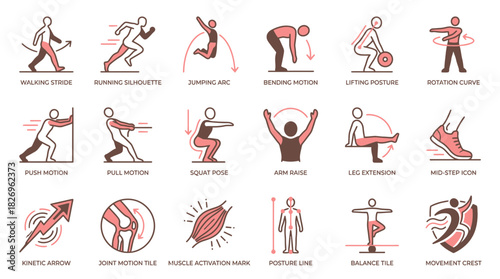 Comprehensive exercise and fitness icons showcasing various body movements, ideal for creating workout guides, gym promotions, and health-related content with style