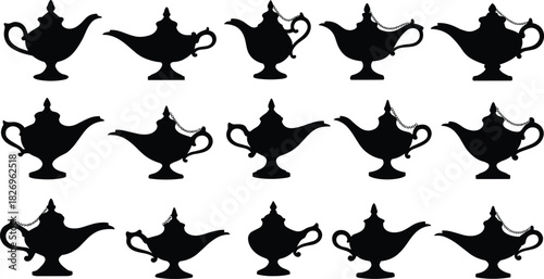 Vintage genie lamp silhouette collection, magic oil lamp vector set, antique Aladdin lamp illustration, Arabian fantasy teapot decor design