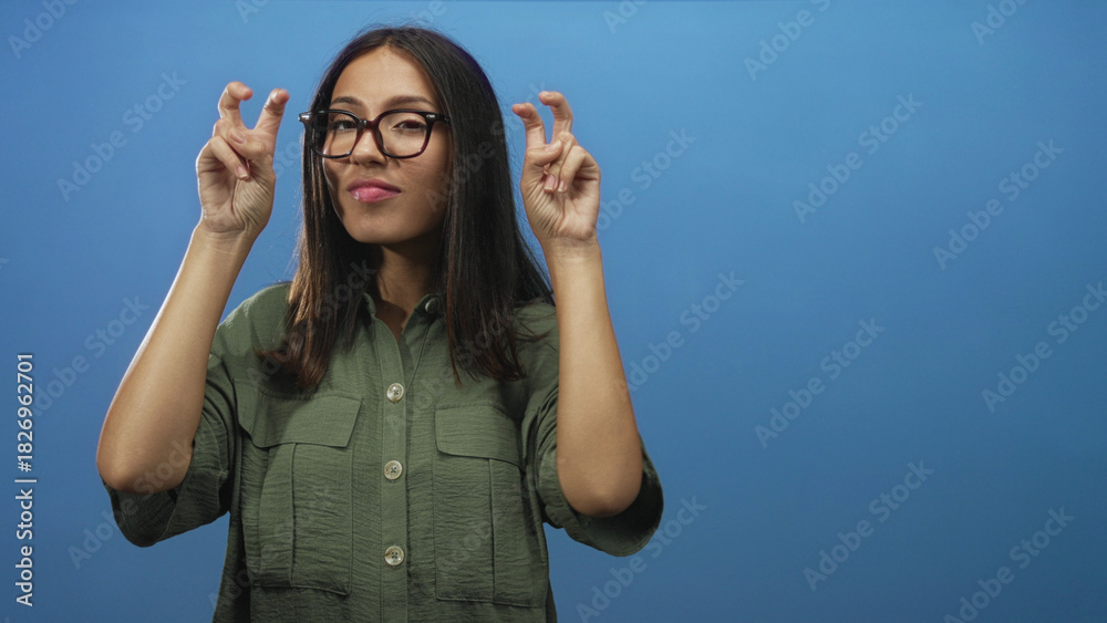 Fototapeta premium Young hispanic brunette woman wearing glasses making air quotes gesture with both hands in blue studio; playful.