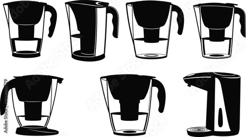 Water, filter, pitcher, purifier, dispenser, jug, container, clean, drinking, hydration, household, appliance, plastic, silhouette, isolated, collection