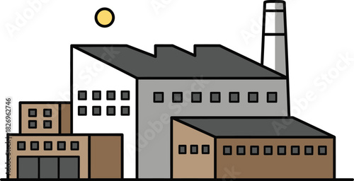 Simple illustration of a large industrial factory building with a tall smokestack under a bright sun