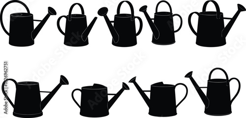 Watering cans collection, black silhouette icons, gardening tools, plant care equipment, garden accessories, home gardening, outdoor watering, floral care supplies