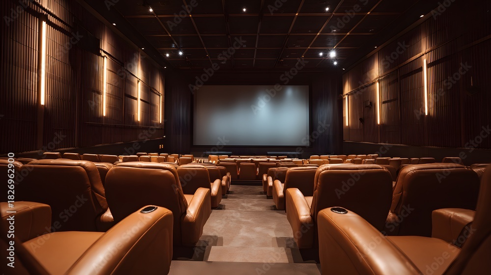 Fototapeta premium Premium cinema auditorium with cozy leather seats and large blank movie screen. Luxury entertainment interior.
