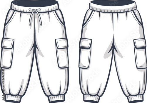 White cargo jogger pants technical sketch, front and back view, elastic waistband, pocket detail, cad drawing flat vector illustration