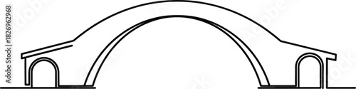 Simple black and line drawing illustration of an arched stone bridge structure with small side arches