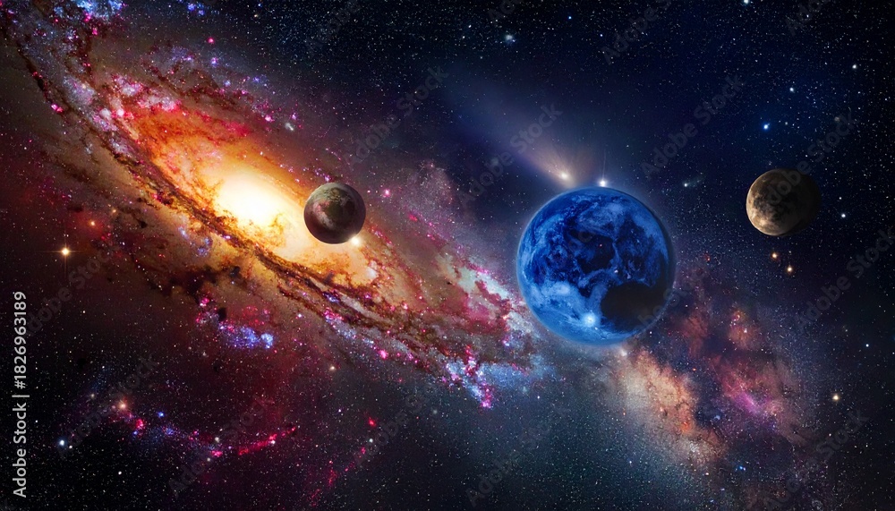Obraz premium 銀河と惑星が浮かぶ幻想宇宙|SF・教育・背景・アートに使える高解像度イメージ
