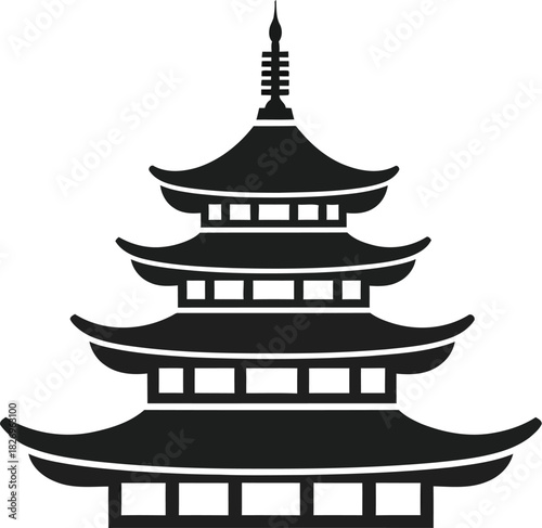 Black silhouette icon of a traditional multitiered east asian pagoda building
