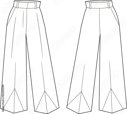 Wide leg trousers, high waist pants, fashion flat sketch, apparel technical drawing, garment construction, clothing design, vector outline, CAD illustration
