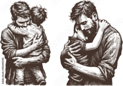 Halftone Engraving Set of Dad and Son Hugging Tenderly Vintage Dot Art Family Illustration