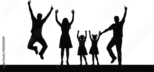 Family silhouette illustration, jumping figures, children holding hands, joyful pose, emotional unity, celebration scene, faceless design, expressive gesture, symbolic togetherness