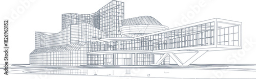 Architectural wireframe sketch of a modern, complex building design featuring glass facades and cantilevered structures