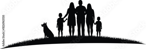 Family silhouette, grassy hill, dog companion, children, peaceful moment, nature scene, unity, outdoor bonding, black and white, horizon view