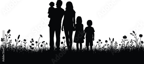 Family silhouette, nature scene, wildflowers grass, unity moment, parents children, black vector, emotional bond, outdoor setting, timeless love, peaceful illustration