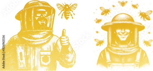 Golden Halftone Engraving: Urban Beekeeper Illustration Set, Protective Gear, Smiling, Thumbs Up, Beekeeping Art
