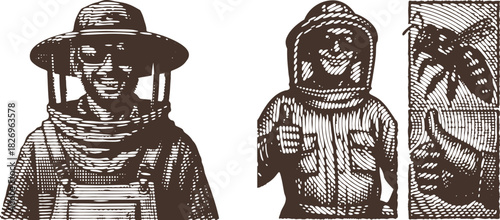 Black Linocut Engraving Urban Beekeeper Illustration Set, Protective Gear, Smiling, Woodcut Style Vector Art