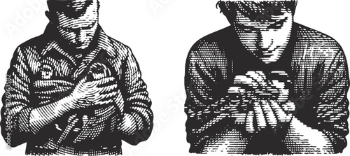 Linocut Bird Sanctuary Volunteer Tending Rescued Bird – Vintage Black & White Relief Print Art