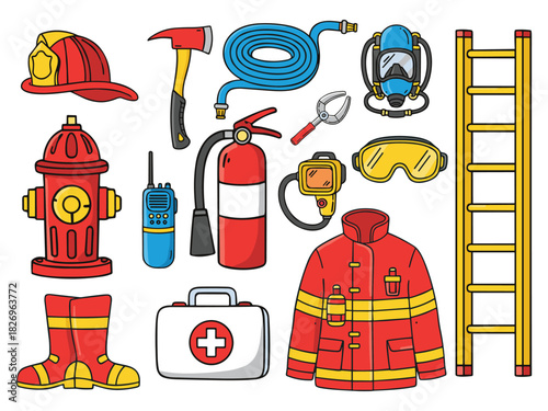 Firefighter Equipment Vector Illustration Set. Includes Helmet, Axe, Extinguisher, Hose, Hydrant, SCBA, Boots, Thermal Camera, Spreader, Jacket, Ladder, Radio, First Aid Kit, Oxygen Tank, Goggles.