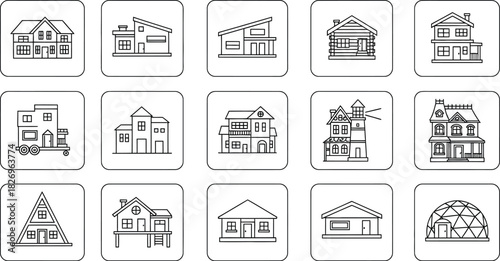 Collection of fifteen black and line art icons depicting various architectural styles of house and building outlines