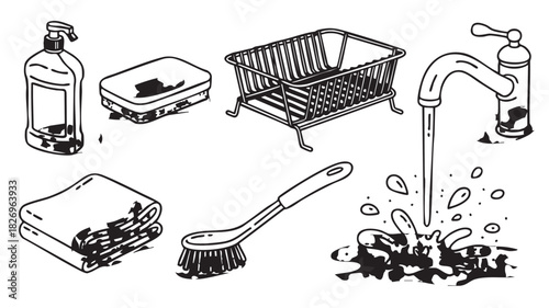 Black and white illustration of kitchen sink cleaning supplies and water splashes dish soap bottle sponge