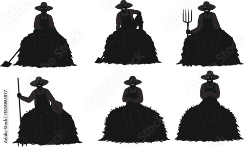 Farming silhouette illustration, person on haystack, tool gesture, rural life scene, black icon, vector art, agricultural pose, contemplative moment