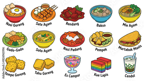 Set of Indonesian Food Hand-Drawn Vector Illustrations. Featuring Nasi Goreng, Sate, Rendang, Bakso, Gado-Gado, Mie Ayam, Pempek, and other traditional culinary dishes.