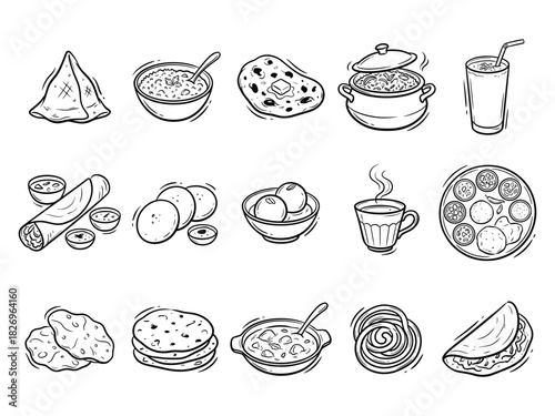 Indian Cuisine Vector Outline Illustration Set, traditional food items including Samosa, Curry, Naan, Biryani, Lassi, Dosa, Idli, Gulab Jamun, Chai, Thali, Roti, Korma, Jalebi, Aloo Gobi, Vindaloo.