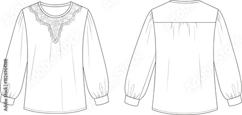 Fashion blouse technical sketch, front and back view, lace yoke, gathered sleeves, sewing pattern, garment design, clothing illustration