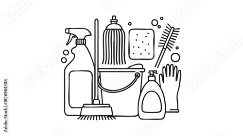 Black and white line art illustration of cleaning supplies and tools vector