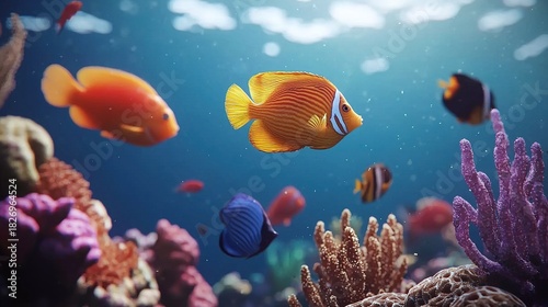 Fototapeta Naklejka Na Ścianę i Meble -  A beautiful coral reef with colorful fish swimming through crystal-clear water