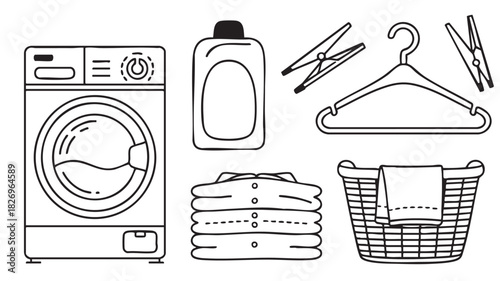 Black and white line art illustration of laundry items including washing machine clothes basket and detergent