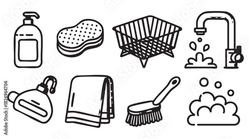 Black and white line art of cleaning supplies and soap suds sponge brush