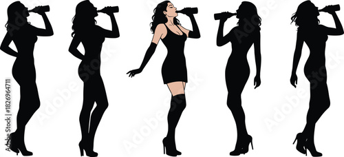 Fashion silhouette illustration, woman drinking pose, stylish dress, central figure highlight, vector art, black icon, nightlife scene, bold contrastFashion silhouette illustration