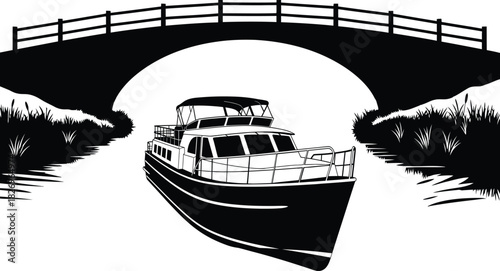 River Cruise Boat Under Arch Bridge Silhouette Vector