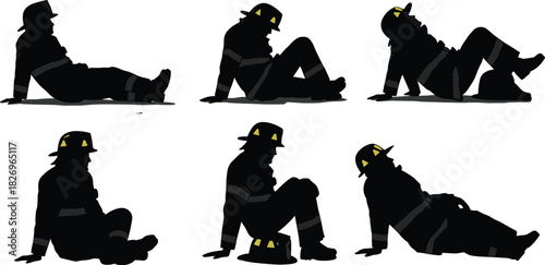 Firefighter silhouette illustration, seated resting pose, helmet and uniform detail, black icon, vector art, emergency recovery, occupational gestureFirefighter silhouette illustration
