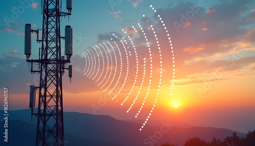 Cell tower transmitting signals at sunset with beautiful orange and blue sky