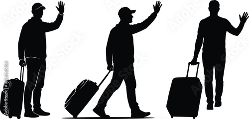 Travelers with Rolling Suitcases Waving Silhouette Vector