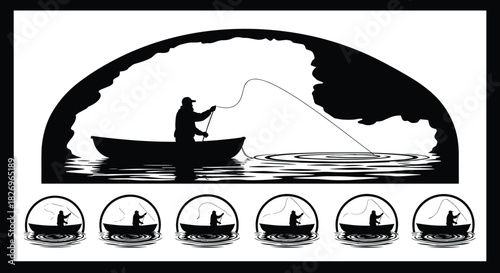 Fishing, boat, silhouette, icon, black, white, water, ripple, cave, nature, outdoor, sport, hobby, minimal, grid, design, cast, lake, scene, peaceful