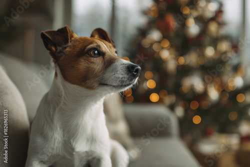 A Jack Russell Terrier is lying on a couch that is next to the Christmas tree.