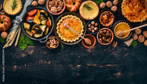 Fototapeta Naklejka Na Ścianę i Meble -  Culinary spread tarts nuts, honey, fruits and roasted vegetables