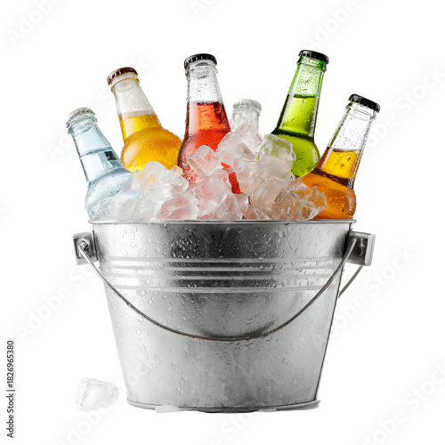 Assortment of colorful bottled drinks chilling in a metal bucket filled with ice