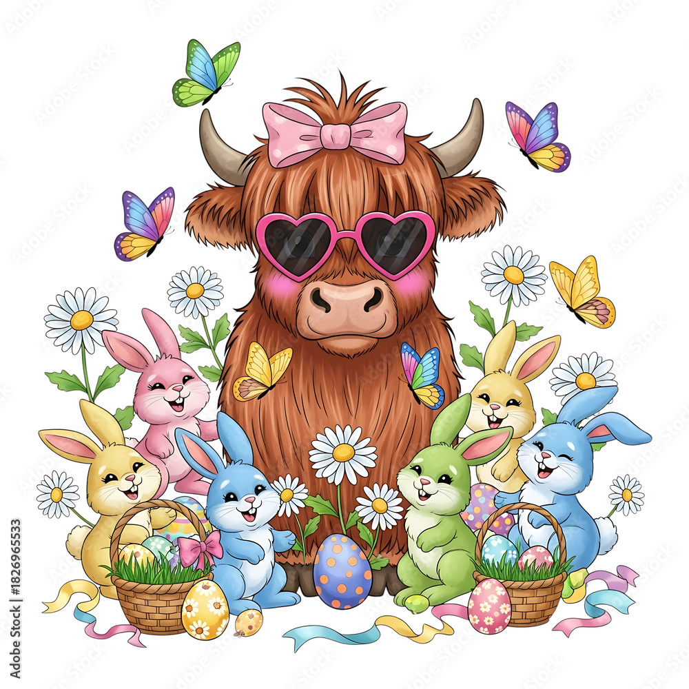 Naklejka premium Highland cow with easter bunnies eggs and flowers spring holiday season