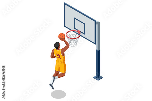 Isometric illustration of a basketball player in a yellow uniform jumping toward the hoop for a layup, holding the ball with one hand near the rim. Dynamic sports action scene