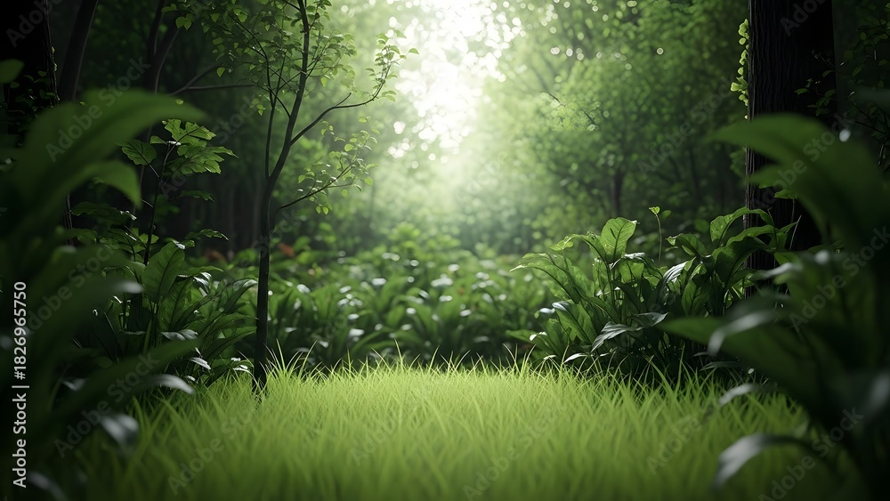 Fototapeta premium Lush green forest path with sunlight streaming through the trees