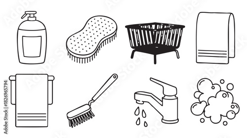 Collection of black and white line art icons for cleaning and hygiene soap dispenser sponge