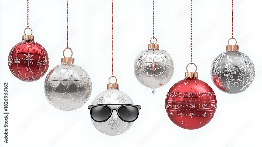Obraz premium Festive Glow: Red Silver Hanging Christmas Ornaments with Decorative Snowflake Designs