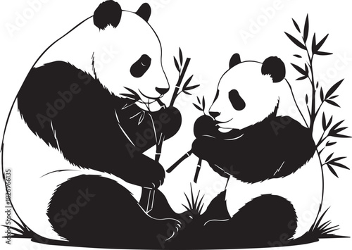 Adorable giant pandas munching on bamboo shoots together in nature wildlife scene