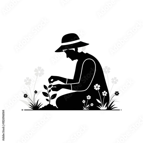 Serene Black Vector Silhouette of an Elderly Woman Engaged in Gardening Retirement Hobby