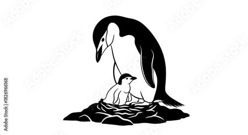 Nurturing Chinstrap Penguin with Chick Silhouette on a Rocky Antarctic Nest Wildlife