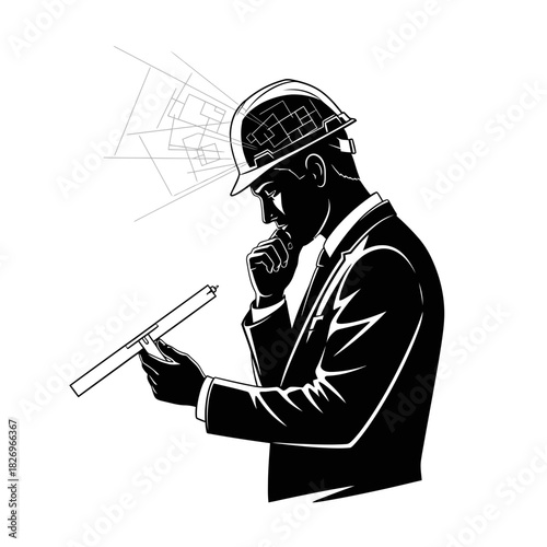Pensive Dynamic Vector Silhouette of a Male Architect Contemplating a Design Creativity