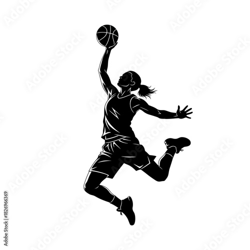Powerful Dynamic Vector Silhouette of a Female Basketball Player Dunking Action Sport